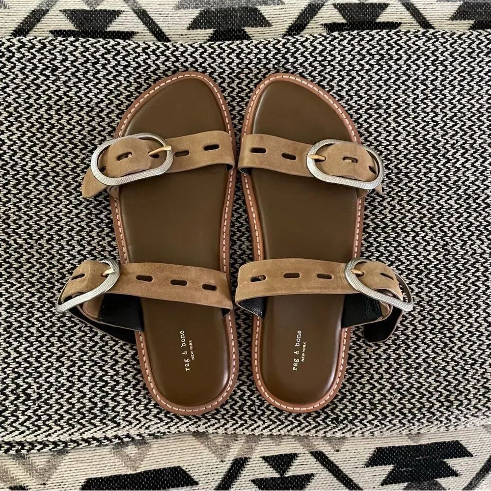 RAG & BONE ANSLEY DOUBLE SUEDE STRAP LEATHER SLIDE TAN SILVER
BUCKLES Sz-39/9 - Picture 3 of 9